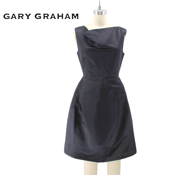 Gary Graham Black Silk Asymmetric Dress Sleeveless Draped Front Bell Skirt 2/S - Picture 1 of 15